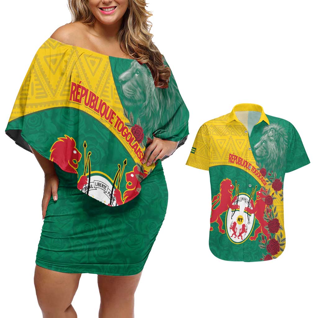 Personalised Republique Togolaise Couples Matching Off Shoulder Short Dress and Hawaiian Shirt Lion Coat Of Arms