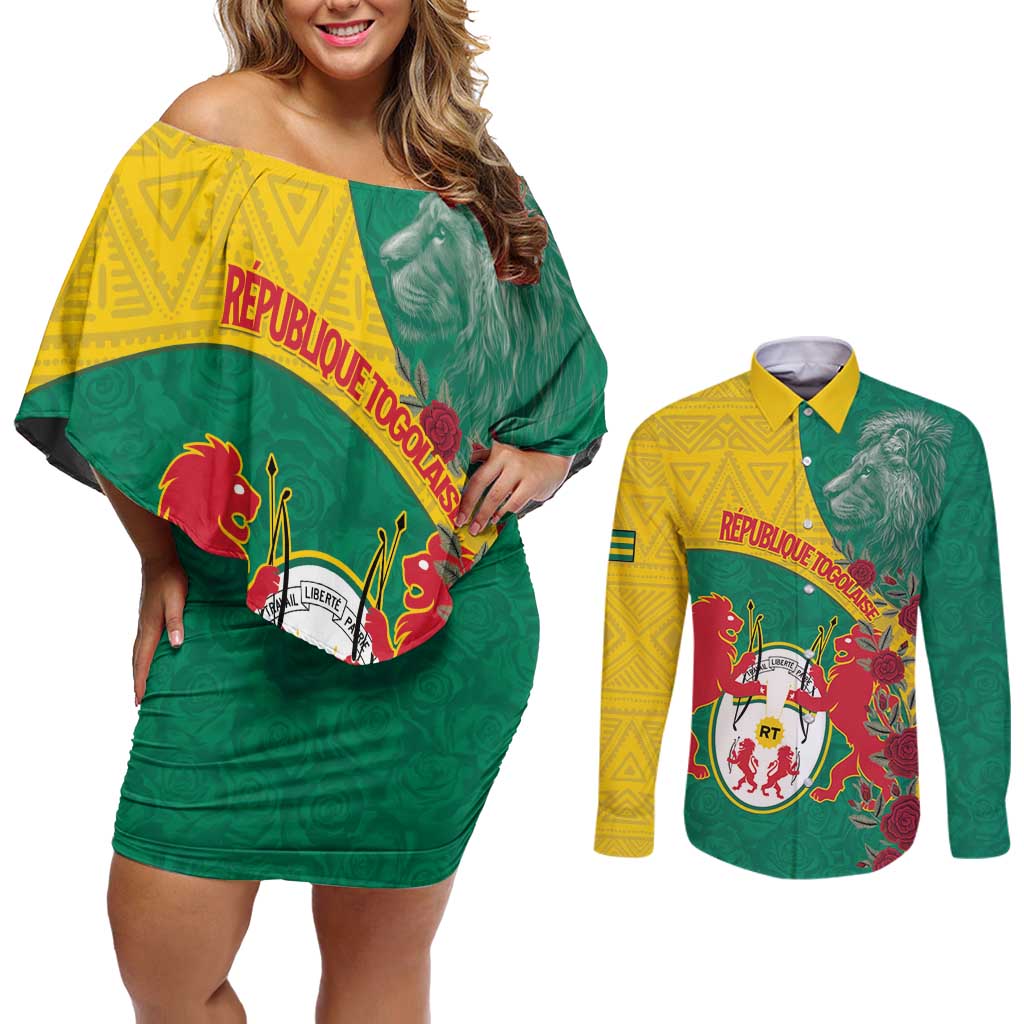 Personalised Republique Togolaise Couples Matching Off Shoulder Short Dress and Long Sleeve Button Shirt Lion Coat Of Arms