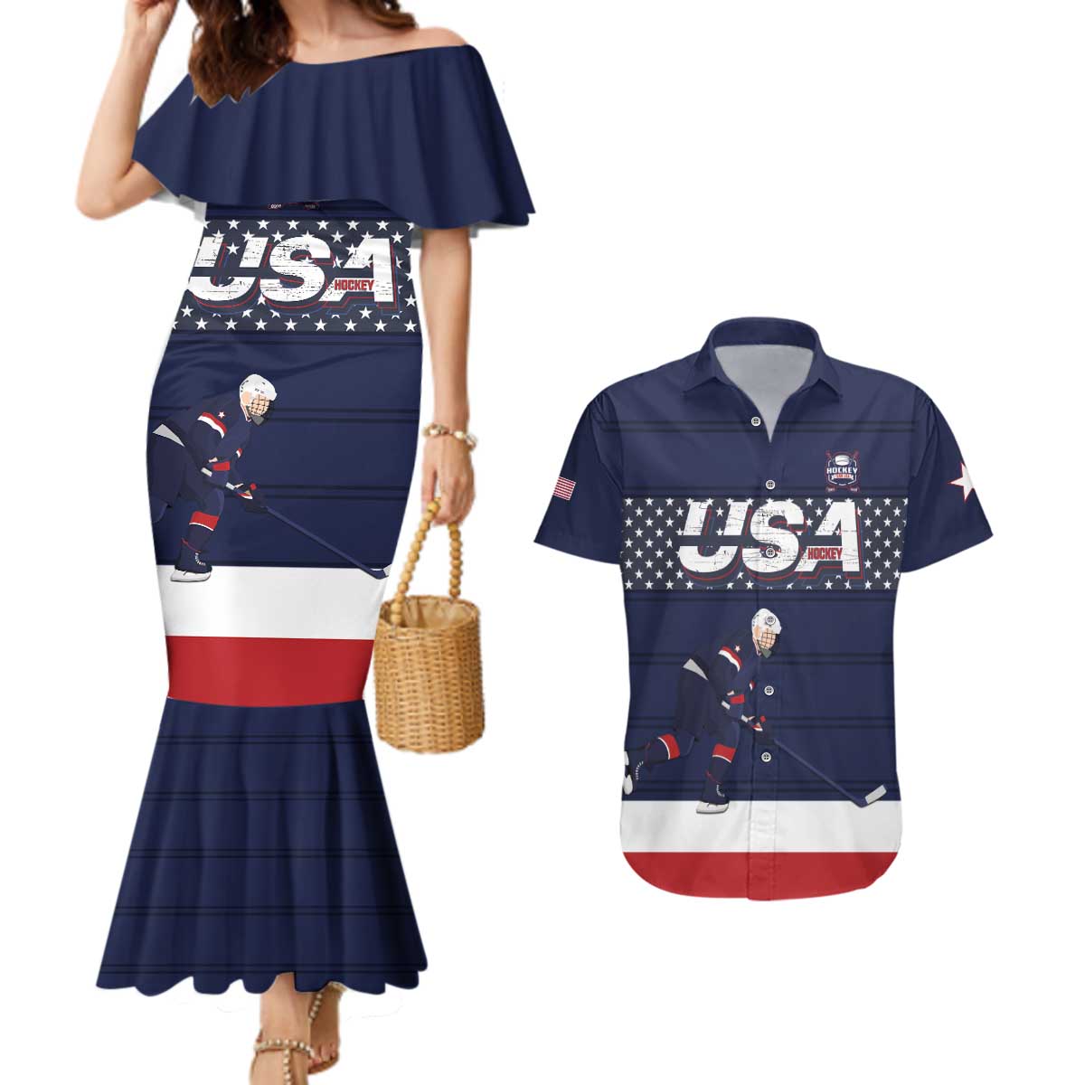 Custom USA Ice Hockey Couples Matching Mermaid Dress and Hawaiian Shirt Go Champions