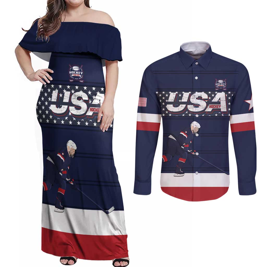 Custom USA Ice Hockey Couples Matching Off Shoulder Maxi Dress and Long Sleeve Button Shirt Go Champions