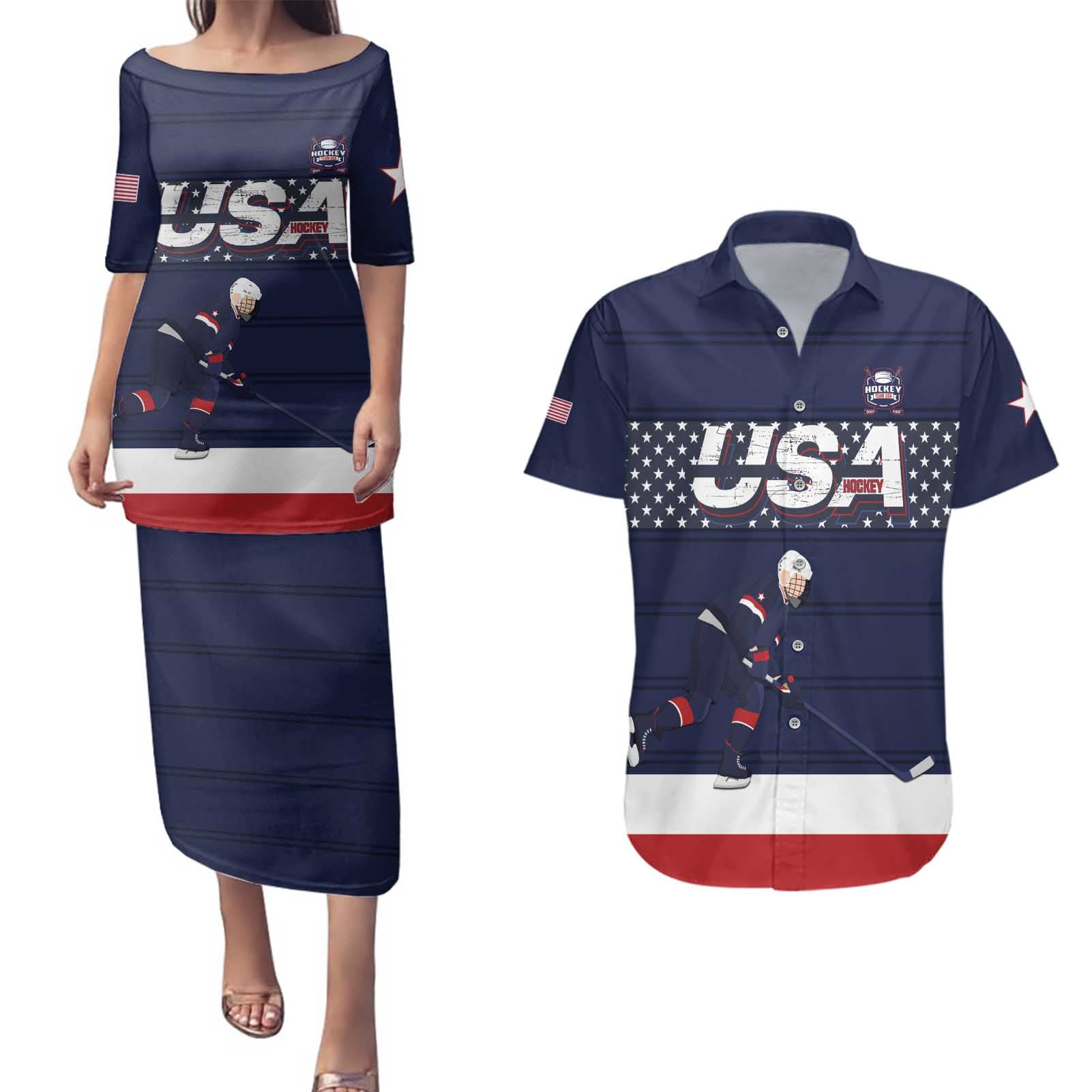 Custom USA Ice Hockey Couples Matching Puletasi and Hawaiian Shirt Go Champions