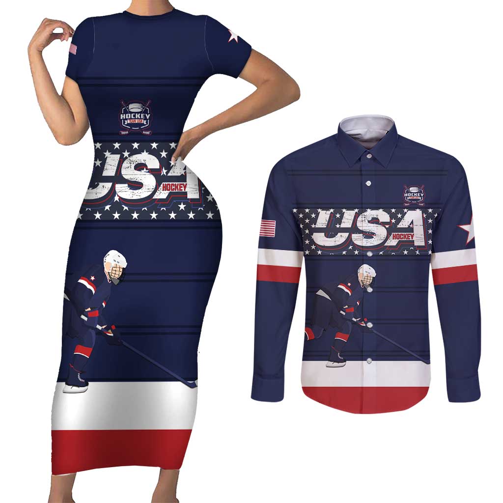 Custom USA Ice Hockey Couples Matching Short Sleeve Bodycon Dress and Long Sleeve Button Shirt Go Champions