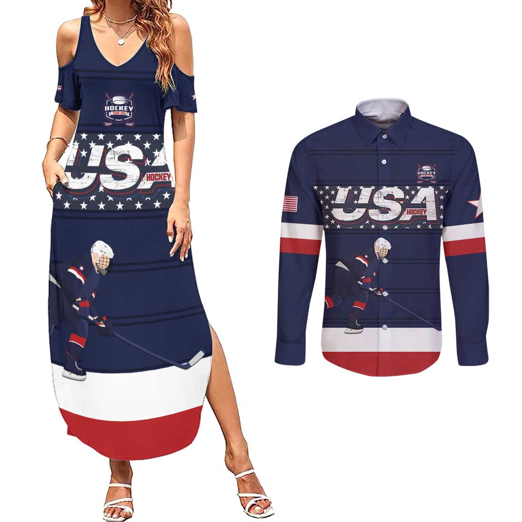 Custom USA Ice Hockey Couples Matching Summer Maxi Dress and Long Sleeve Button Shirt Go Champions