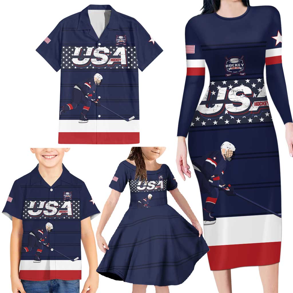 Custom USA Ice Hockey Family Matching Long Sleeve Bodycon Dress and Hawaiian Shirt Go Champions