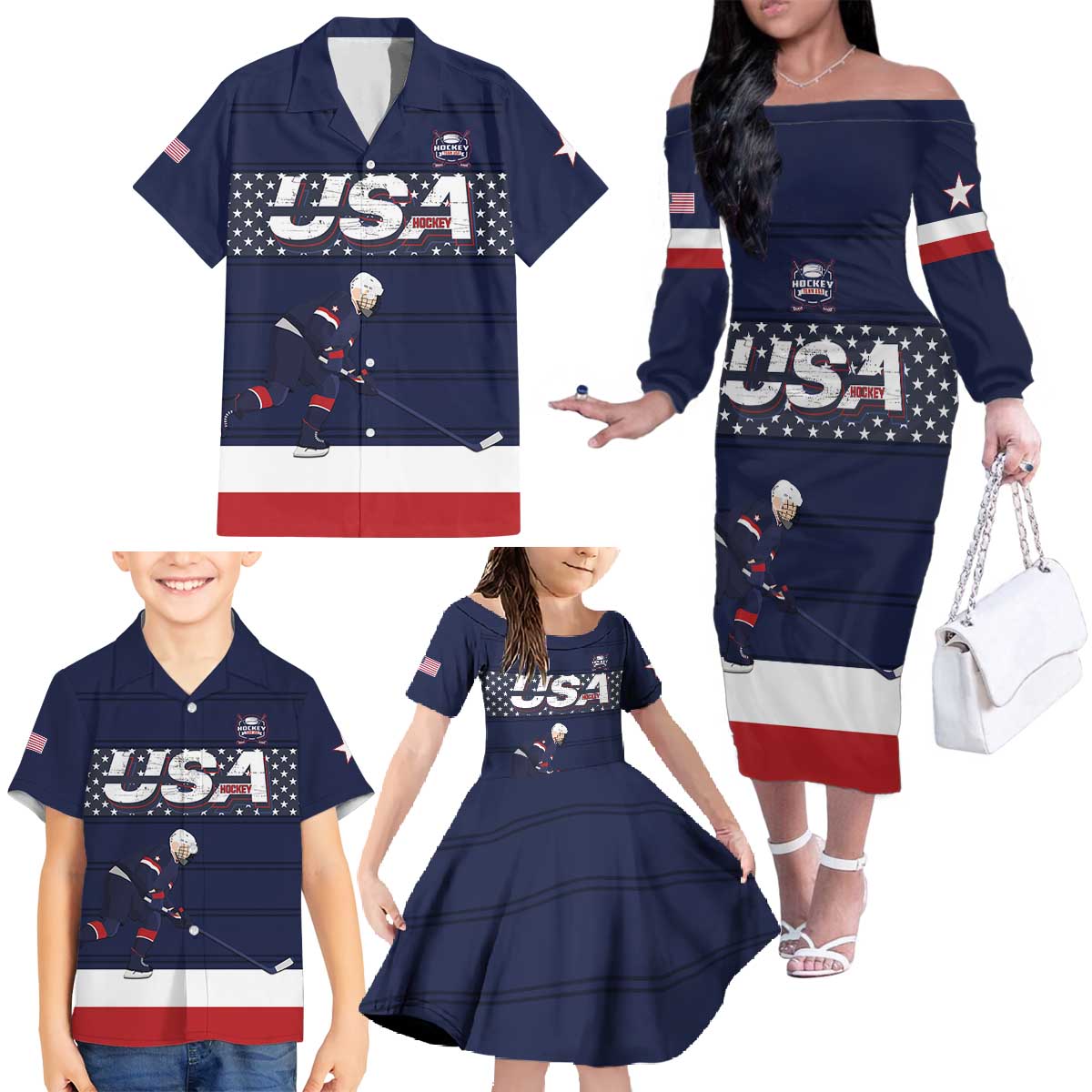 Custom USA Ice Hockey Family Matching Off The Shoulder Long Sleeve Dress and Hawaiian Shirt Go Champions