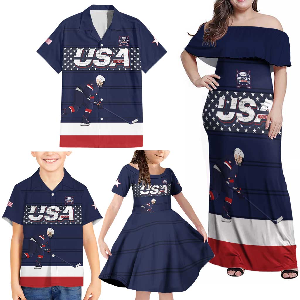 Custom USA Ice Hockey Family Matching Off Shoulder Maxi Dress and Hawaiian Shirt Go Champions