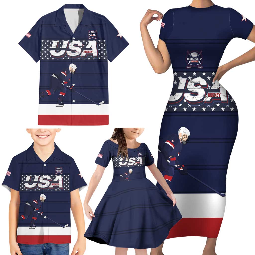 Custom USA Ice Hockey Family Matching Short Sleeve Bodycon Dress and Hawaiian Shirt Go Champions