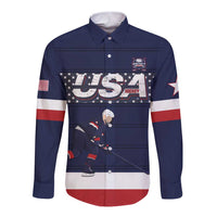 Unisex long-sleeve button shirt with USA hockey graphic, dark blue, red and white stripes