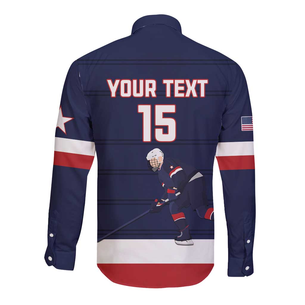 Unisex long-sleeve button shirt, back print with YOUR TEXT 15, dark blue, red and white