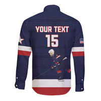 Unisex long-sleeve button shirt, back print with YOUR TEXT 15, dark blue, red and white