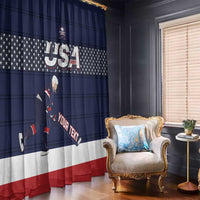 Pair of navy window curtains with USA hockey graphic, star pattern, and red-white stripes.