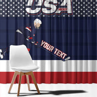 Navy curtain with USA hockey text, star field, and red hem across the bottom.