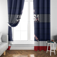 Navy curtain panels on each side of a white door, featuring USA hockey and stars stripes.