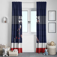 Two navy curtain panels with USA hockey icons, star pattern band, and red base.