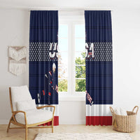 Navy window curtains with USA hockey motif, star field stripe, and red-white lower section.