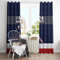 Navy curtain pair with USA hockey graphic and star-spangled stripe, red hem at bottom.