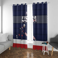 Navy window curtain pair with USA hockey design, stars band, and red hem on the floor.