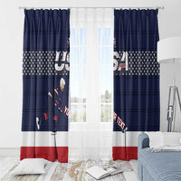 Navy curtains with USA hockey print, star pattern center band, and red hem trim.