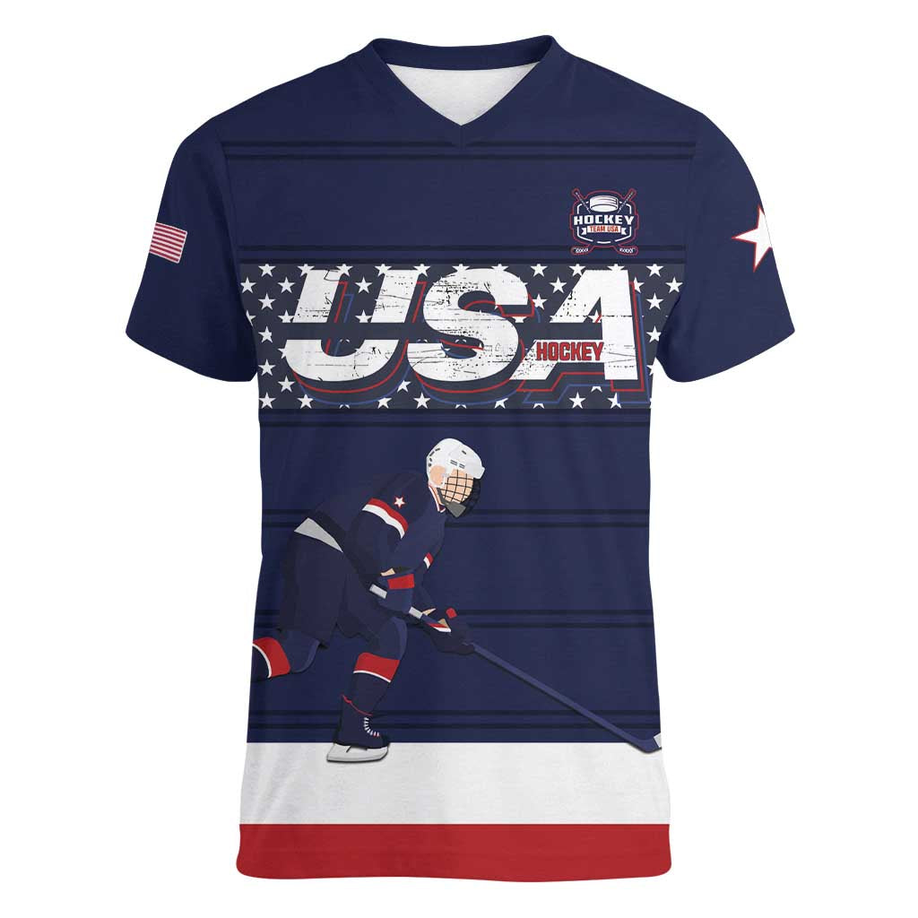 Custom USA Ice Hockey Women V-Neck T-Shirt Go Champions