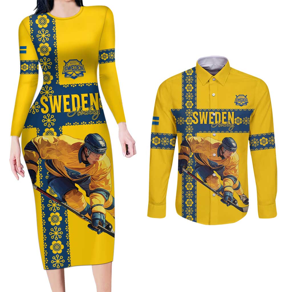 Custom Sweden Ice Hockey Couples Matching Long Sleeve Bodycon Dress and Long Sleeve Button Shirt Go Tre Kronor