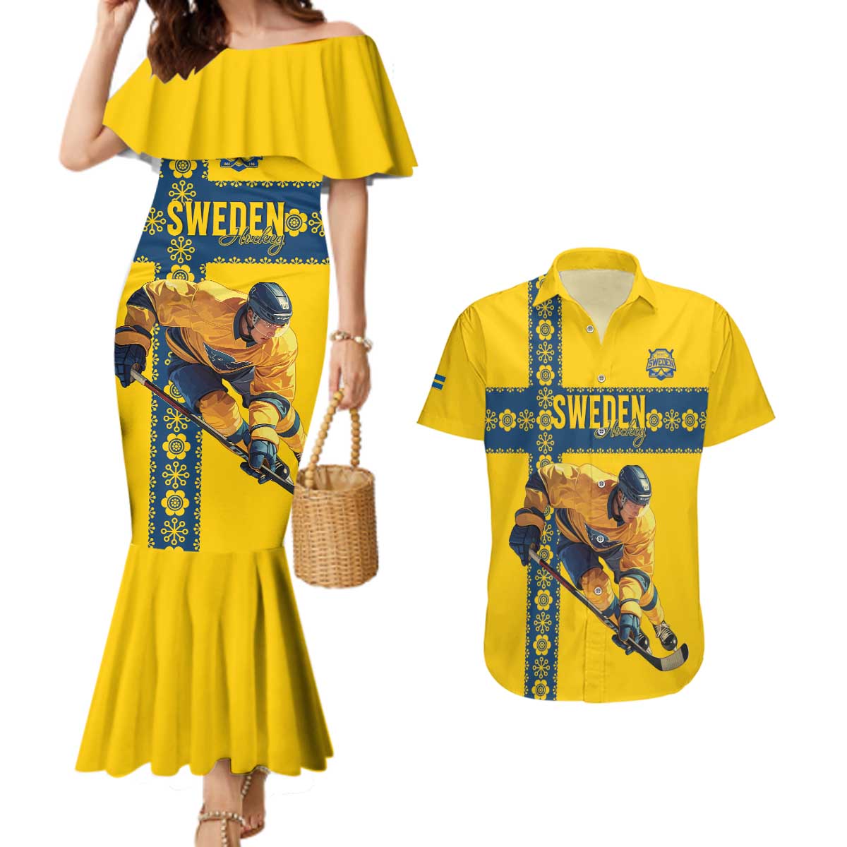 Custom Sweden Ice Hockey Couples Matching Mermaid Dress and Hawaiian Shirt Go Tre Kronor