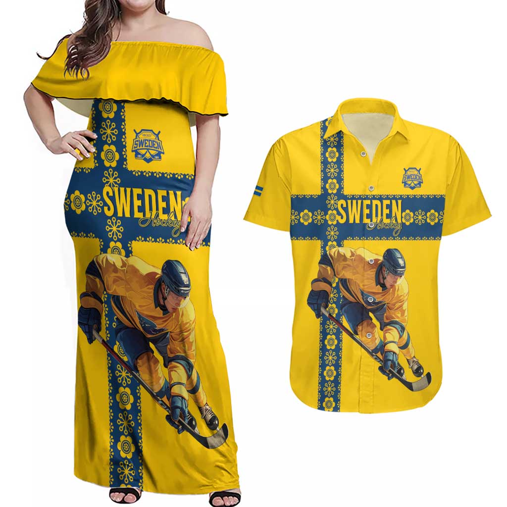 Custom Sweden Ice Hockey Couples Matching Off Shoulder Maxi Dress and Hawaiian Shirt Go Tre Kronor