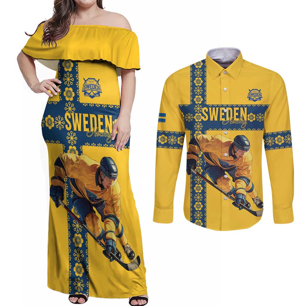 Custom Sweden Ice Hockey Couples Matching Off Shoulder Maxi Dress and Long Sleeve Button Shirt Go Tre Kronor