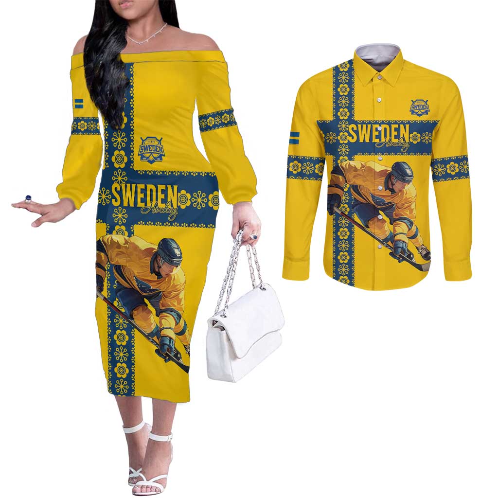 Custom Sweden Ice Hockey Couples Matching Off The Shoulder Long Sleeve Dress and Long Sleeve Button Shirt Go Tre Kronor