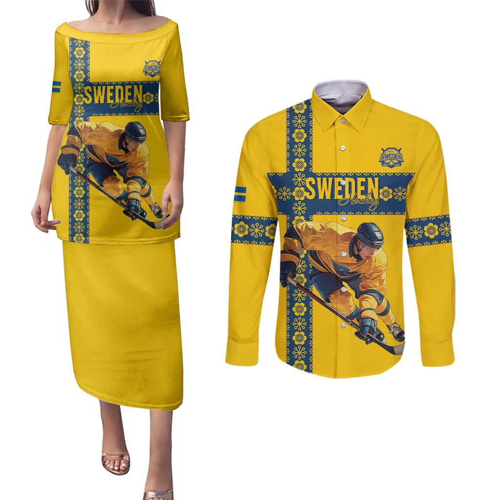 Custom Sweden Ice Hockey Couples Matching Puletasi and Long Sleeve Button Shirt Go Tre Kronor