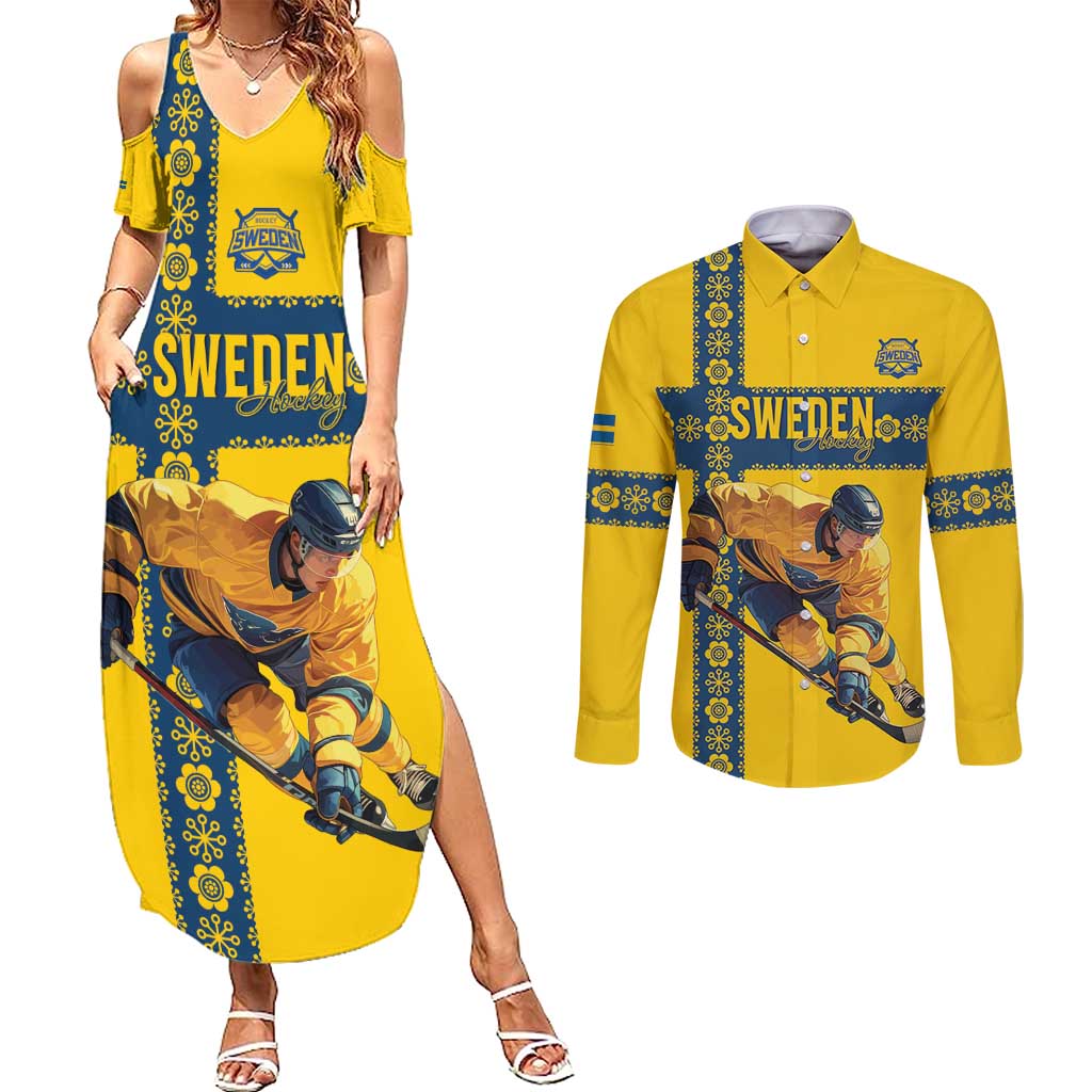 Custom Sweden Ice Hockey Couples Matching Summer Maxi Dress and Long Sleeve Button Shirt Go Tre Kronor