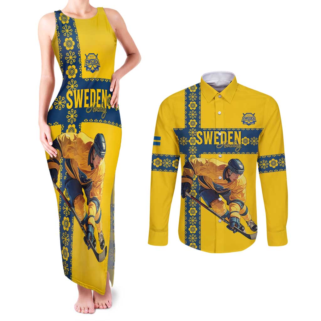 Custom Sweden Ice Hockey Couples Matching Tank Maxi Dress and Long Sleeve Button Shirt Go Tre Kronor