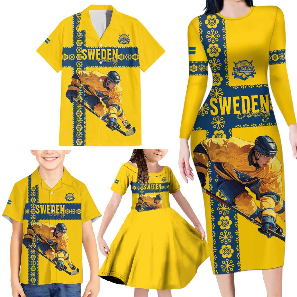 Custom Sweden Ice Hockey Family Matching Long Sleeve Bodycon Dress and Hawaiian Shirt Go Tre Kronor