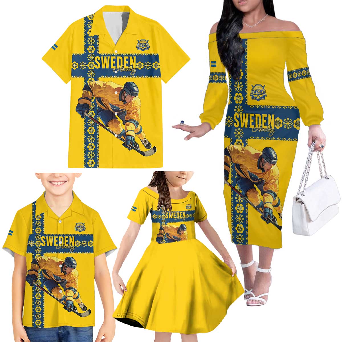 Custom Sweden Ice Hockey Family Matching Off The Shoulder Long Sleeve Dress and Hawaiian Shirt Go Tre Kronor