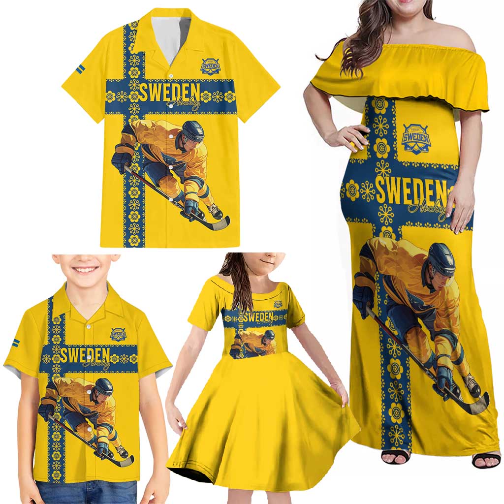 Custom Sweden Ice Hockey Family Matching Off Shoulder Maxi Dress and Hawaiian Shirt Go Tre Kronor