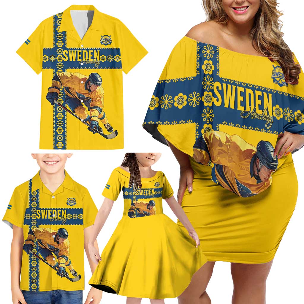 Custom Sweden Ice Hockey Family Matching Off Shoulder Short Dress and Hawaiian Shirt Go Tre Kronor