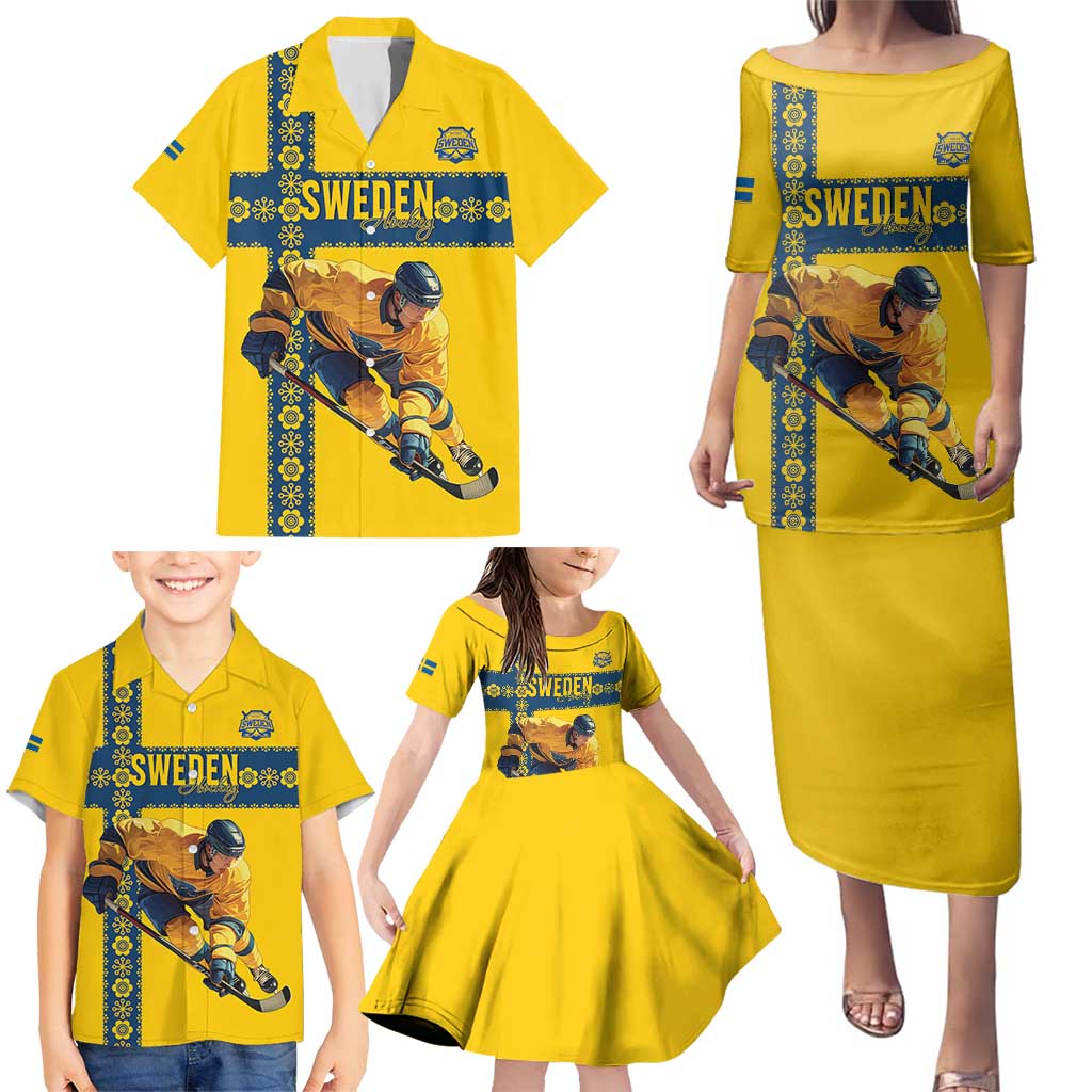 Custom Sweden Ice Hockey Family Matching Puletasi and Hawaiian Shirt Go Tre Kronor