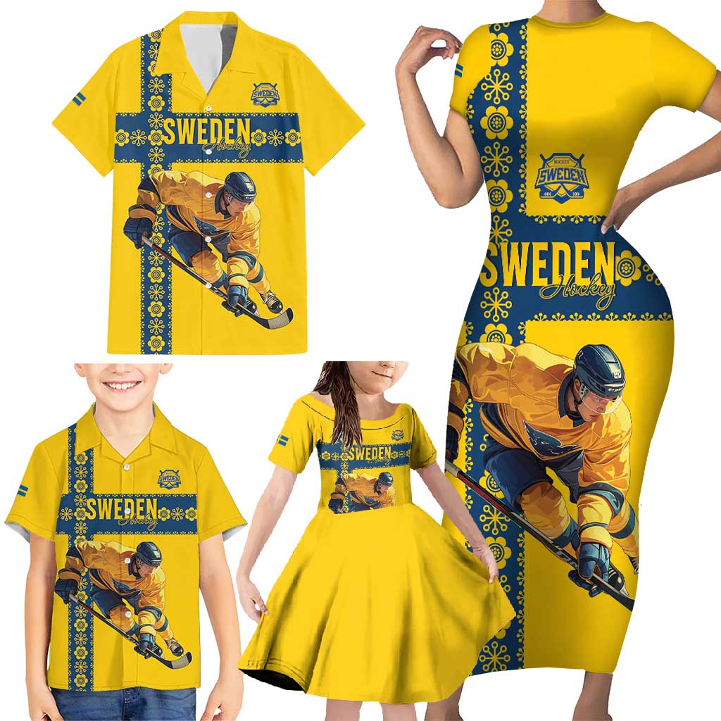 Custom Sweden Ice Hockey Family Matching Short Sleeve Bodycon Dress and Hawaiian Shirt Go Tre Kronor