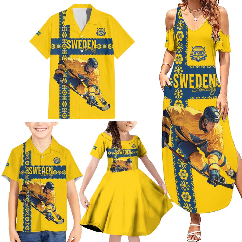 Custom Sweden Ice Hockey Family Matching Summer Maxi Dress and Hawaiian Shirt Go Tre Kronor