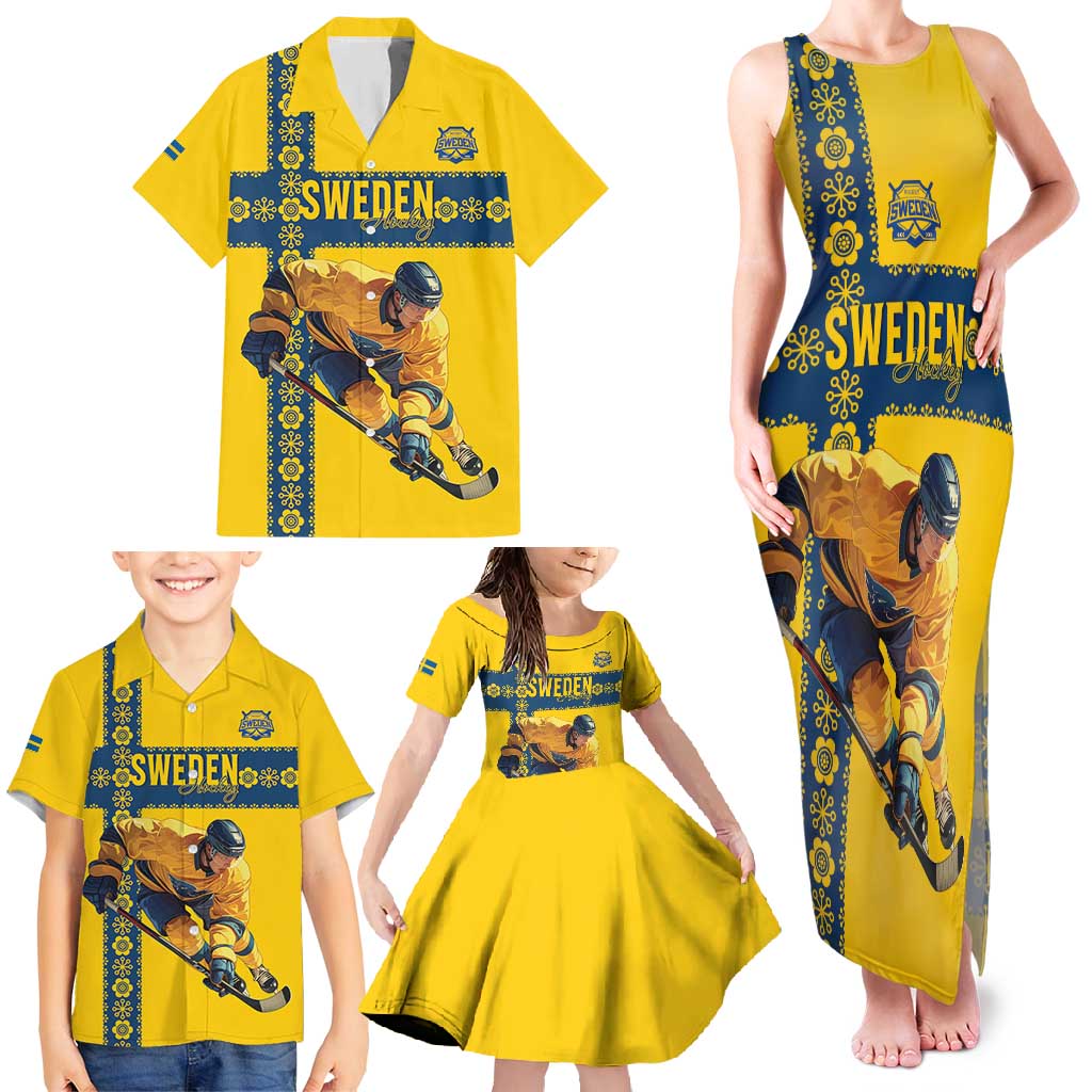 Custom Sweden Ice Hockey Family Matching Tank Maxi Dress and Hawaiian Shirt Go Tre Kronor