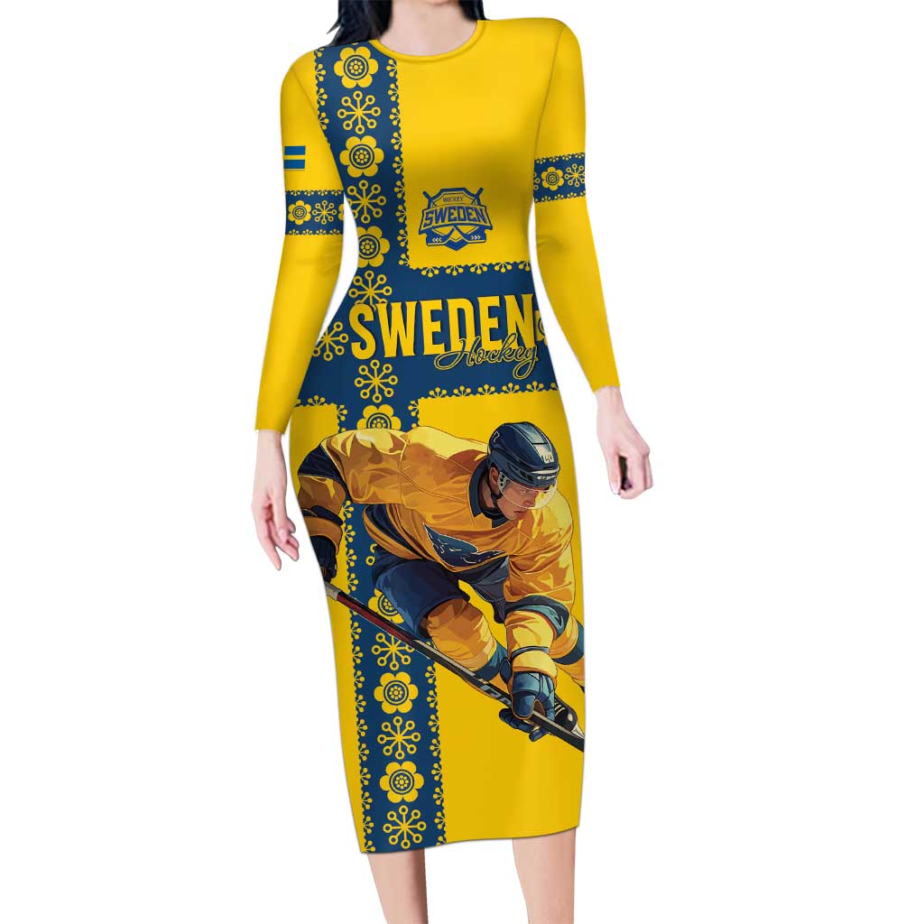 Custom Sweden Ice Hockey Long Sleeve Bodycon Dress Go Tre Kronor