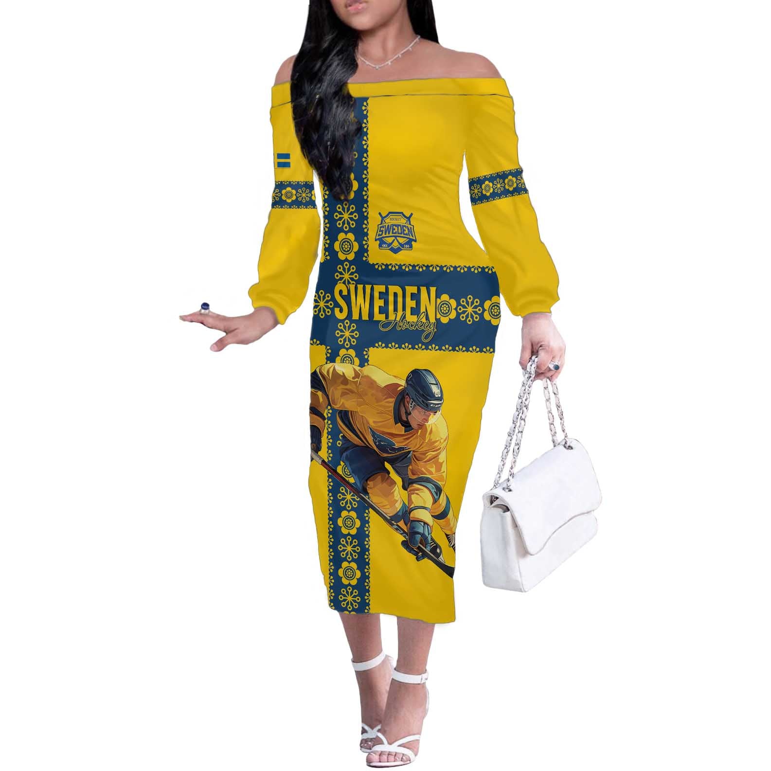 Custom Sweden Ice Hockey Off The Shoulder Long Sleeve Dress Go Tre Kronor