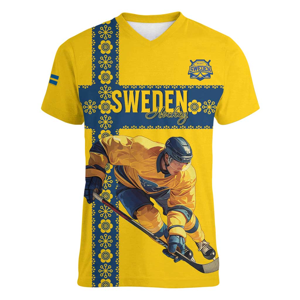 Custom Sweden Ice Hockey Women V-Neck T-Shirt Go Tre Kronor