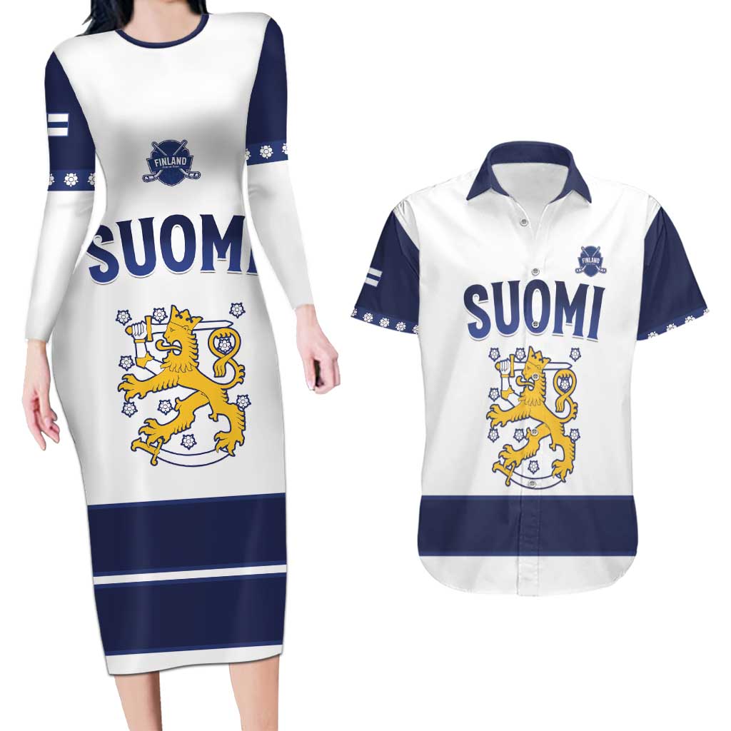 Custom Finland Ice Hockey Couples Matching Long Sleeve Bodycon Dress and Hawaiian Shirt Go Suomi Go