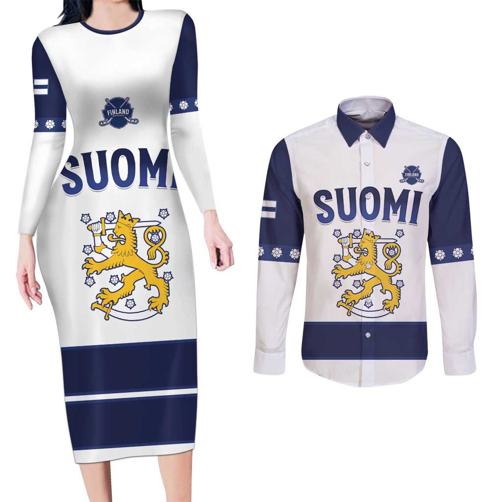 Custom Finland Ice Hockey Couples Matching Long Sleeve Bodycon Dress and Long Sleeve Button Shirt Go Suomi Go