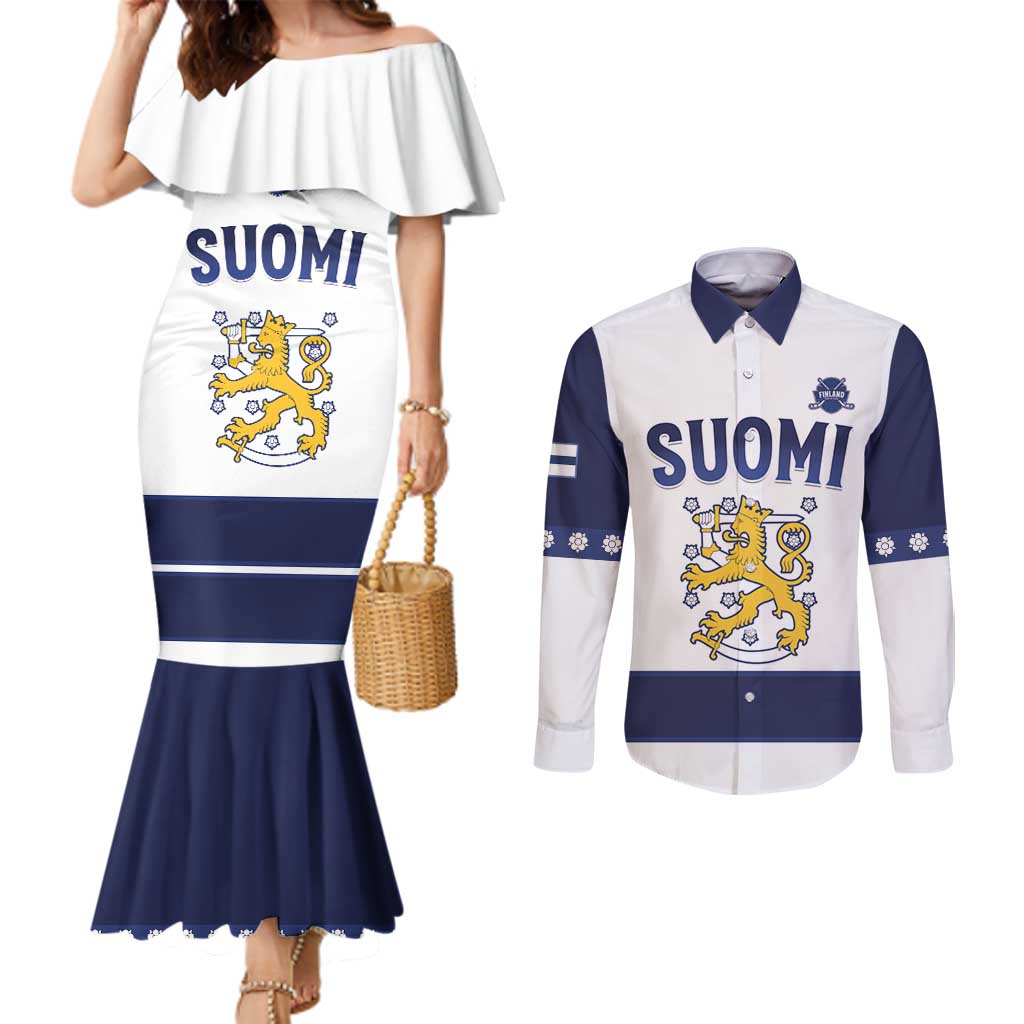 Custom Finland Ice Hockey Couples Matching Mermaid Dress and Long Sleeve Button Shirt Go Suomi Go