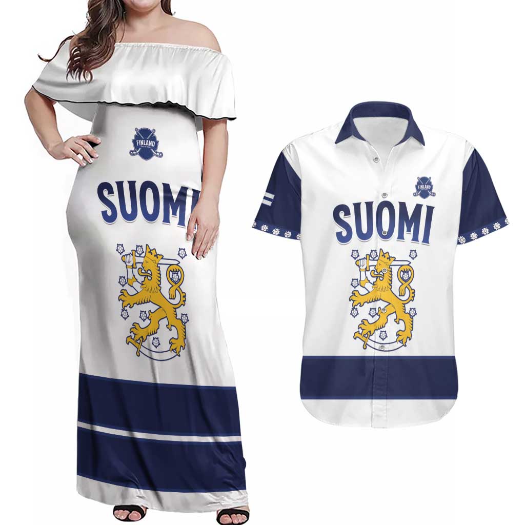 Custom Finland Ice Hockey Couples Matching Off Shoulder Maxi Dress and Hawaiian Shirt Go Suomi Go