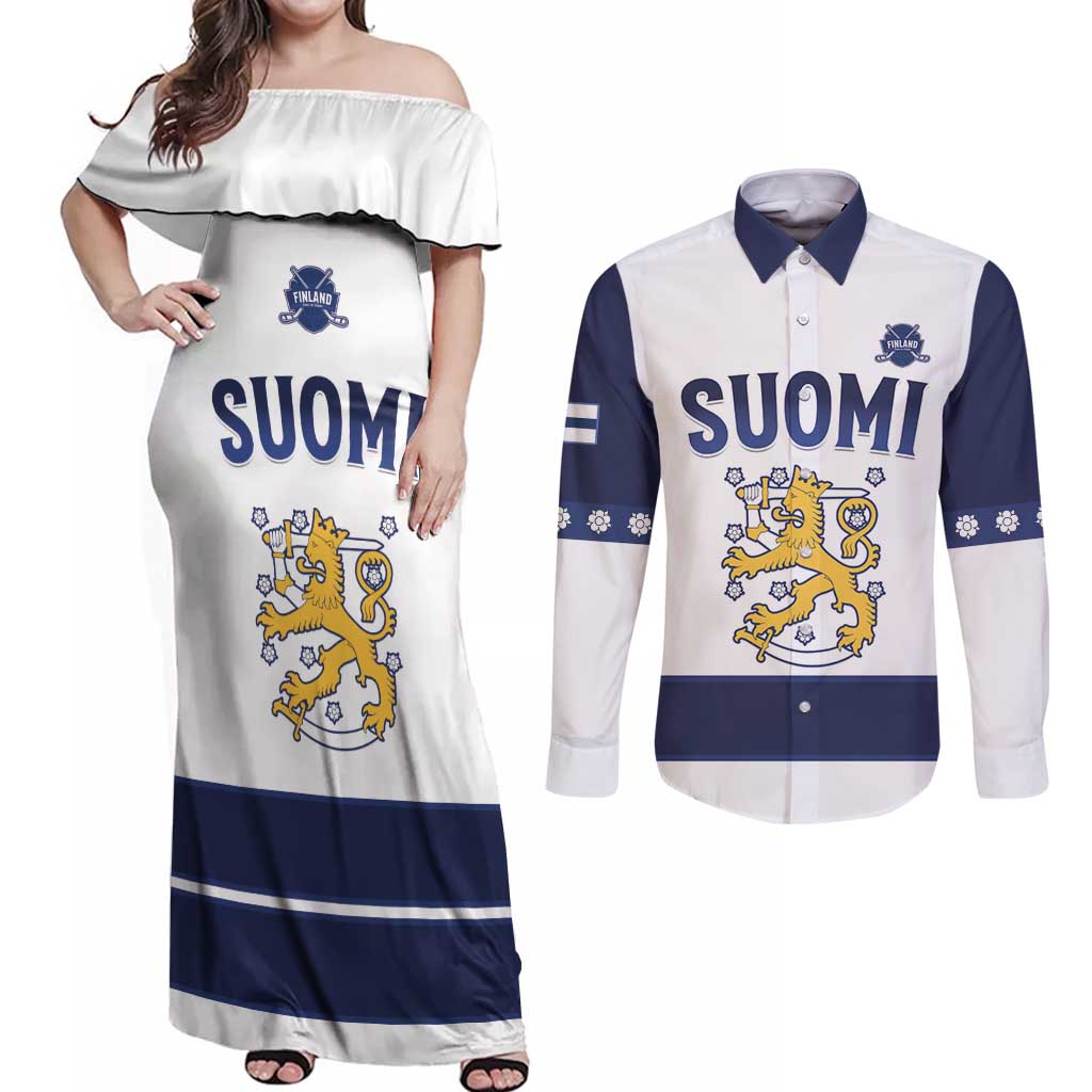 Custom Finland Ice Hockey Couples Matching Off Shoulder Maxi Dress and Long Sleeve Button Shirt Go Suomi Go