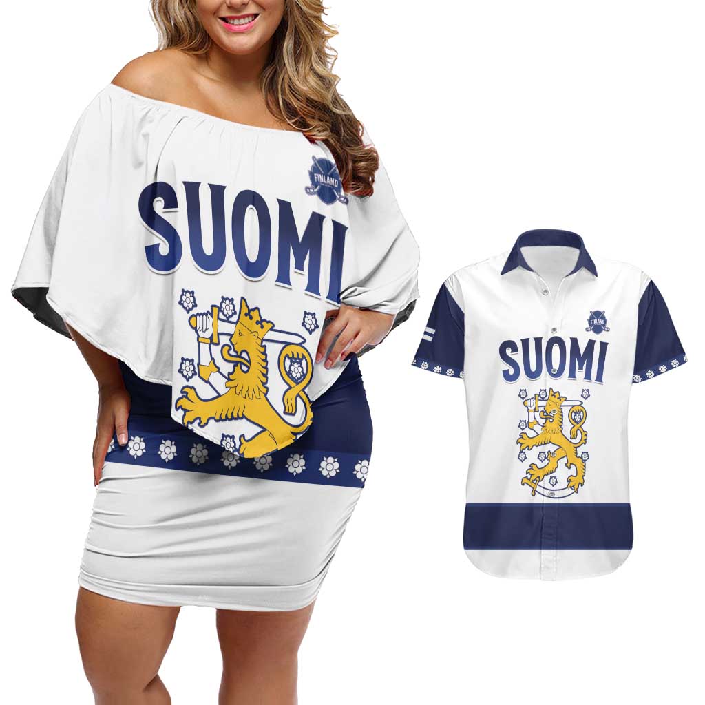 Custom Finland Ice Hockey Couples Matching Off Shoulder Short Dress and Hawaiian Shirt Go Suomi Go