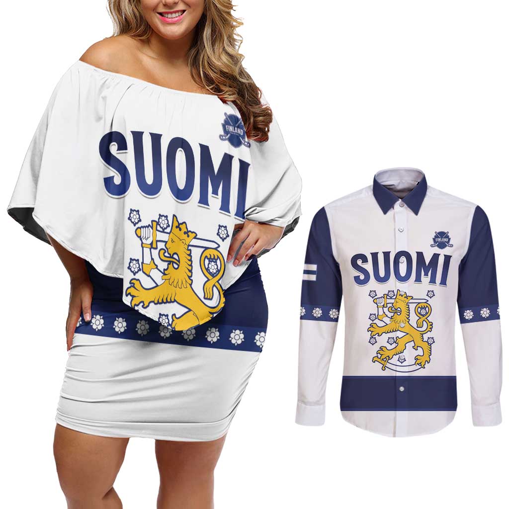 Custom Finland Ice Hockey Couples Matching Off Shoulder Short Dress and Long Sleeve Button Shirt Go Suomi Go