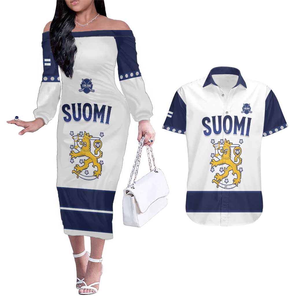 Custom Finland Ice Hockey Couples Matching Off The Shoulder Long Sleeve Dress and Hawaiian Shirt Go Suomi Go